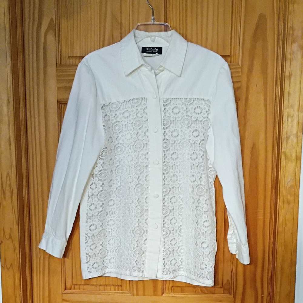 Vintage White Button Down Shirt with Lace Front